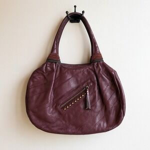 Dutchy Hobo Shoulder Bag Plum‎ Quilted Leather Studded Zip Tassel